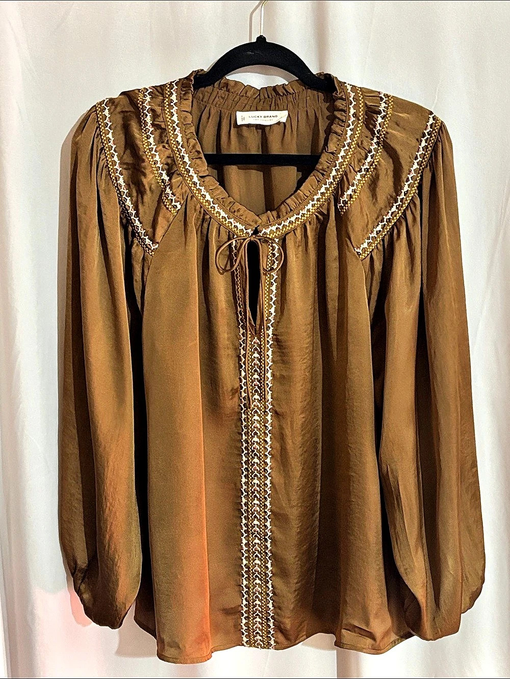 Lucky Brand Embroidered Satin Peasant Top in Brown Size Large